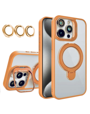 Magnetic Clear Case with 2 Kickstand & Camera Lens - ORANGE for iPhone 15 Pro (Only Ground Shipping)