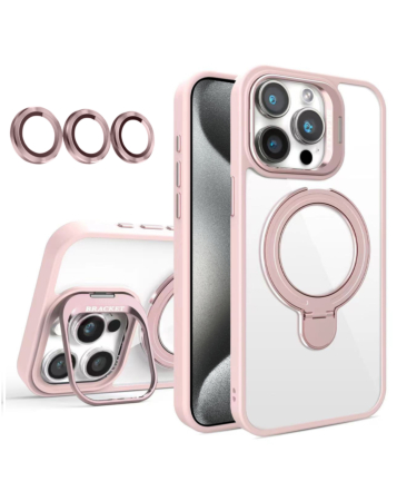 Magnetic Clear Case with 2 Kickstand & Camera Lens - PINK for iPhone 15 Pro (Only Ground Shipping)