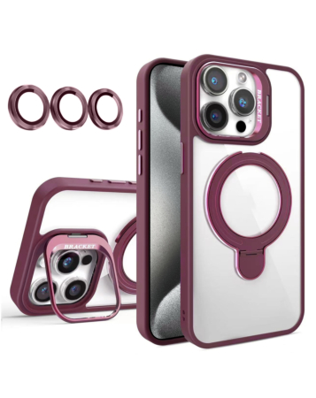 Magnetic Clear Case with 2 Kickstand & Camera Lens - WINE RED for iPhone 15 Pro (Only Ground Shipping)