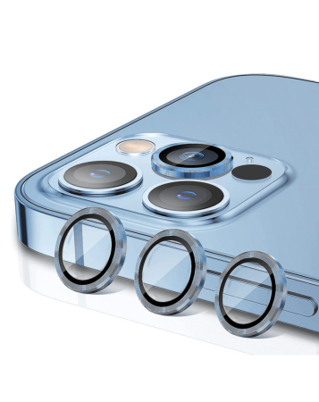 Shop the metal ring with HD tempered glass for iPhone 15 Pro and 15 Pro Max in blue.