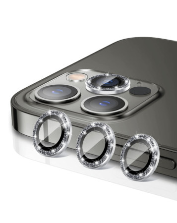 Buy the glitter diamond camera lens with HD tempered glass for iPhone 15 Pro and 15 Pro Max in black.