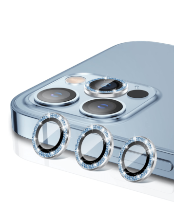 Shop the glitter diamond camera lens with HD tempered glass for iPhone 15 Pro and 15 Pro Max in blue.