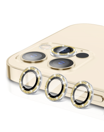 Order the glitter diamond camera lens with HD tempered glass for iPhone 15 Pro and 15 Pro Max in gold.