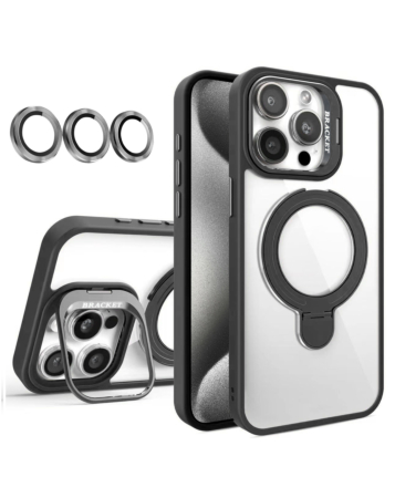 Magnetic Clear Case with 2 Kickstand & Camera Lens - BLACK for iPhone 15 Pro Max (Only Ground Shipping)