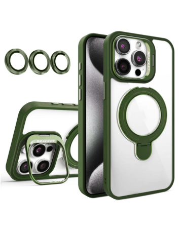 Magnetic Clear Case with 2 Kickstand & Camera Lens - DARK GREEN for iPhone 15 Pro Max (Only Ground Shipping)