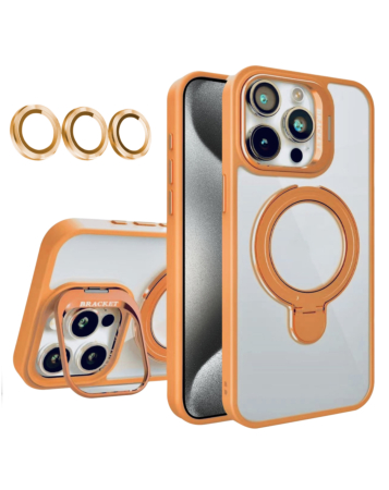 Magnetic Clear Case with 2 Kickstand & Camera Lens - ORANGE for iPhone 15 Pro Max (Only Ground Shipping)