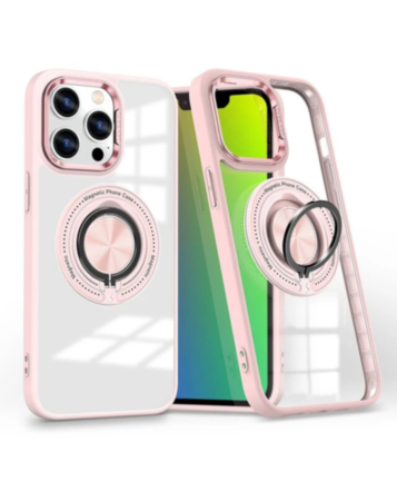Transparent Wireless Charging Case with Ring Holder (PINK) for iPhone 15 Pro Max (Only Ground Shipping)