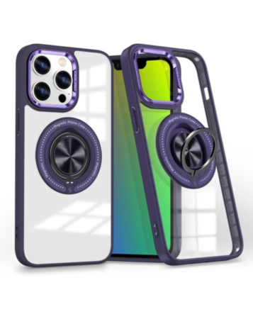 Transparent Wireless Charging Case with Ring Holder (PURPLE) for iPhone 15 Pro Max (Only Ground Shipping)