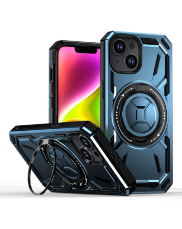 Full-Body Rugged Shockproof Case with Built-in Ring Holder - BLUE for iPhone 14 Plus / 15 Plus (Only Ground Shipping)