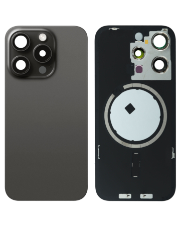 Shop the Back Glass with Frame and MagSafe Magnet for iPhone 15 Pro, no logo, black titanium.
