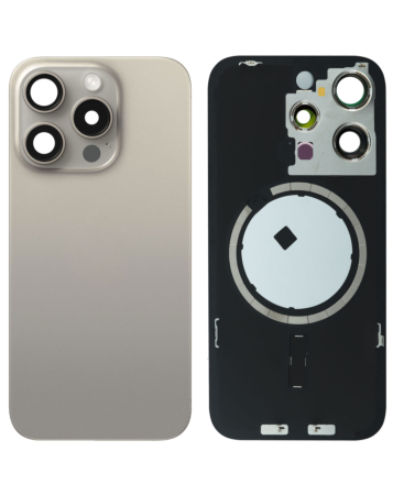 Purchase the Back Glass with Frame and MagSafe Magnet for iPhone 15 Pro, no logo, natural titanium.

