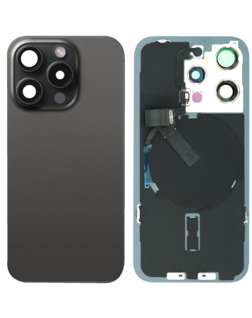 Stock up on the Back Glass with Wireless NFC and MagSafe for iPhone 15 Pro, no logo, black titanium.
