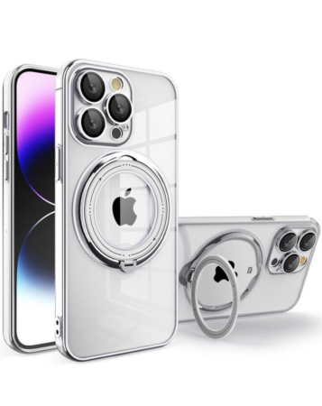 Magnetic Clear Cases with Magsafe Ring Stand - SILVER for iPhone 15 Pro (Only Ground Shipping)