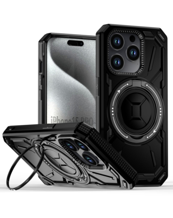 Full-Body Rugged Shockproof Case with Built-in Ring Holder - BLACK for iPhone 15 Pro (Only Ground Shipping)