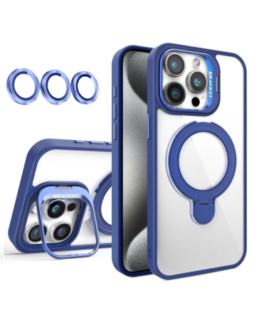 Magnetic Clear Case with 2 Kickstand & Camera Lens - DARK BLUE for iPhone 15 Pro (Only Ground Shipping)