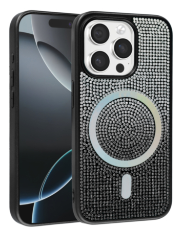 Wireless Charging Bling Diamond Crystal Case - BLACK & SILVER for iPhone 15 Pro (Only Ground Shipping)