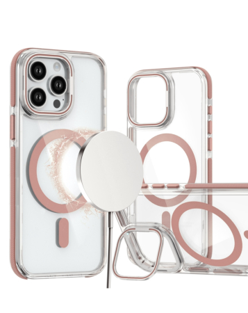 Thin Magnetic Clear Case with Camera Stand Kickstand - PINK for iPhone 15 Pro (Only Ground Shipping)