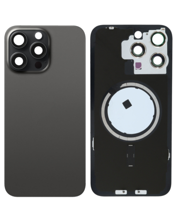 Stock up on the back glass with frame and MagSafe magnet for iPhone 15 Pro Max in black titanium, no logo.