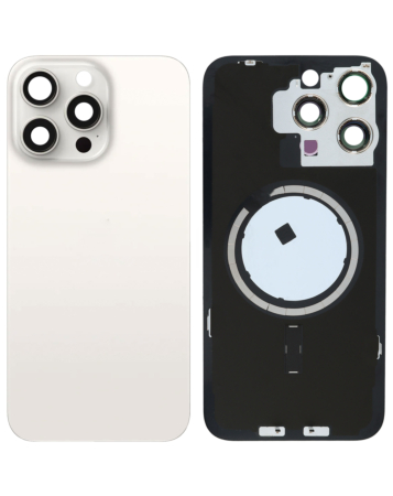 Order the back glass with frame and MagSafe magnet for iPhone 15 Pro Max in white titanium, no logo.