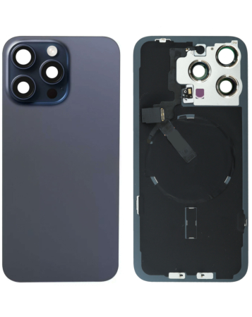 Grab the wholesale deals on the blue titanium back glass with frame, wireless NFC charging flex, and MagSafe magnet for iPhone 15 Pro Max, no logo.