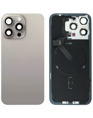 Stock up on the natural titanium back glass with frame, wireless NFC charging flex, and MagSafe magnet for iPhone 15 Pro Max, no logo.