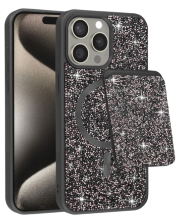 Magnetic Diamond Dual Layer Protection Case with Magnetic Card Slot- BLACK for iPhone 15 Pro Max (Only Ground Shipping)