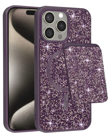 Magnetic Diamond Dual Layer Protection Case with Magnetic Card Slot- PURPLE for iPhone 15 Pro Max (Only Ground Shipping)