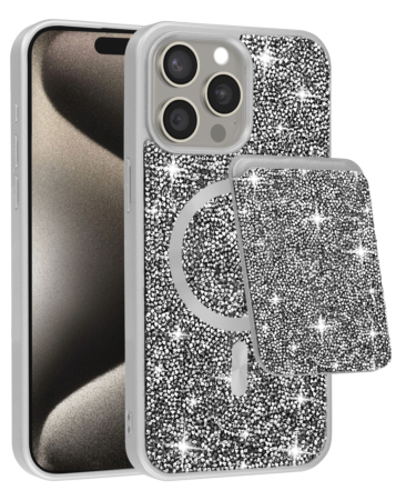 Magnetic Diamond Dual Layer Protection Case with Magnetic Card Slot- SILVER for iPhone 15 Pro Max (Only Ground Shipping)