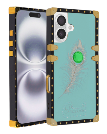 Peacock Feather Design Square Case - TEAL for iPhone 16 (Only Ground Shipping)