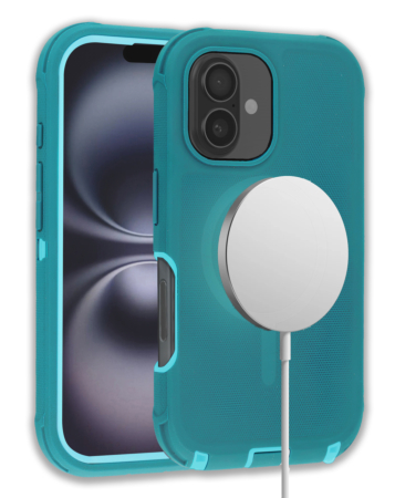 Wireless Charging Heavy Duty Case - LIGHT TEAL for iPhone 16 (Only Ground Shipping)