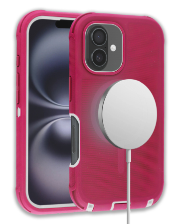 Wireless Charging Heavy Duty Case - PINK & WHITE for iPhone 16 (Only Ground Shipping)