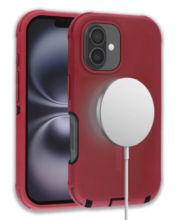 Wireless Charging Heavy Duty Case - RED & BLACK for iPhone 16 (Only Ground Shipping)