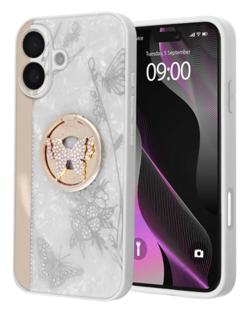 Luxury Diamond Shiny Cases with Butterfly Ring - WHITE for iPhone 16 (Only Ground Shipping)