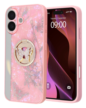 Luxury Diamond Shiny Cases with Butterfly Ring - PINK for iPhone 16 (Only Ground Shipping)