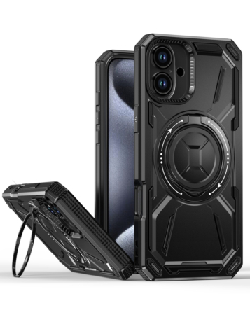 Full-Body Rugged Shockproof Case (BLACK) for iPhone 16 with Built-in Ring Holder (Only Ground Shipping)