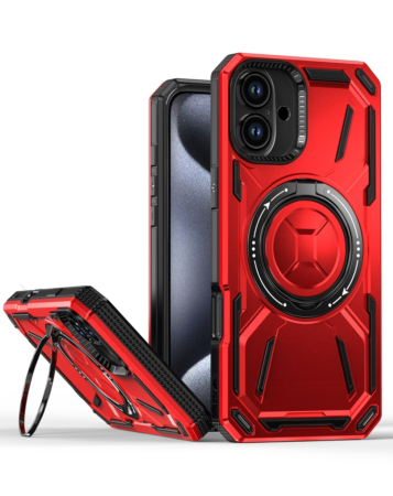 Full-Body Rugged Shockproof Case with Built-in Ring Holder - RED for iPhone 16 (Only Ground Shipping)