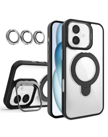Magnetic Clear Case with 2 Kickstand & Camera Lens - BLACK for iPhone 16 (Only Ground Shipping)