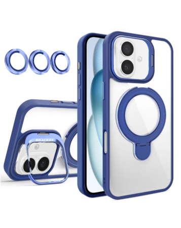 Magnetic Clear Case with 2 Kickstand & Camera Lens - DARK BLUE for iPhone 16 (Only Ground Shipping)