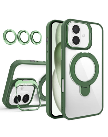 Magnetic Clear Case with 2 Kickstand & Camera Lens - DARK GREEN for iPhone 16 (Only Ground Shipping)