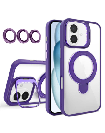 Magnetic Clear Case with 2 Kickstand & Camera Lens - DARK PURPLE for iPhone 16 (Only Ground Shipping)