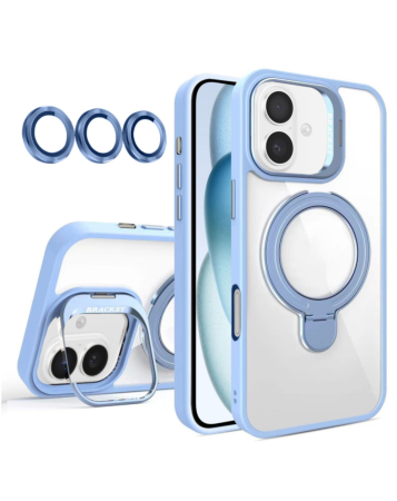 Magnetic Clear Case with 2 Kickstand & Camera Lens - LIGHT BLUE for iPhone 16 (Only Ground Shipping)