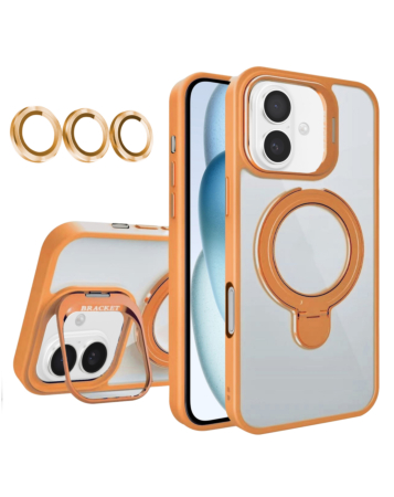 Magnetic Clear Case with 2 Kickstand & Camera Lens - ORANGE for iPhone 16 (Only Ground Shipping)
