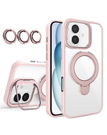Magnetic Clear Case with 2 Kickstand & Camera Lens - PINK for iPhone 16 (Only Ground Shipping)