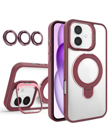 Magnetic Clear Case with 2 Kickstand & Camera Lens - WINE RED for iPhone 16 (Only Ground Shipping)
