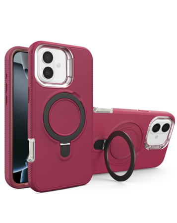 Support Heavy Duty Case with Wireless Charging Kickstand - MAROON for iPhone 16 (Only Ground Shipping)