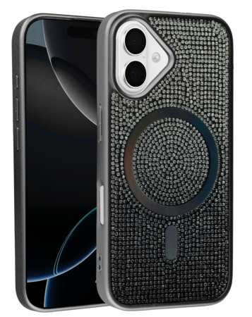 Wireless Charging Bling Diamond Crystal Case - BLACK for iPhone 16 (Only Ground Shipping)