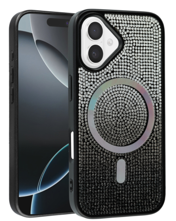 Wireless Charging Bling Diamond Crystal Case - BLACK & SILVER for iPhone 16 (Only Ground Shipping)