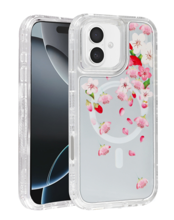 Flower Design Transparent Case with Wireless Charger - Style 6 for iPhone 16 (Only Ground Shipping)