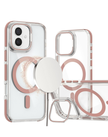Thin Magnetic Clear Case with Camera Stand Kickstand - PINK for iPhone 16 (Only Ground Shipping)