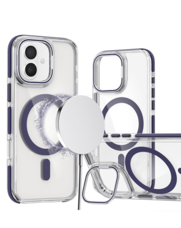 Thin Magnetic Clear Case with Camera Stand Kickstand - PURPLE for iPhone 16 (Only Ground Shipping)